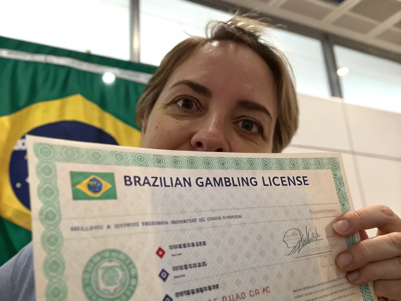A person holding a Brazilian license for online gambling, with a background showing the Brazilian flag and various online bbb bet​ logos.