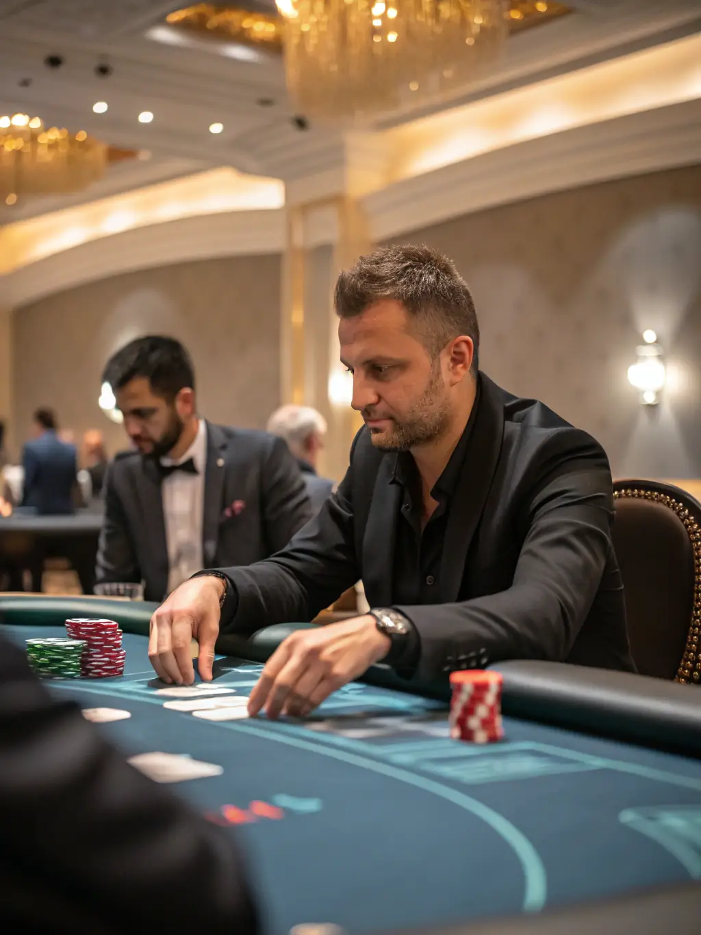 A professional poker player in a serious pose, holding a winning hand of cards, with bbb bet​ chips stacked in the background, conveying the skill and strategy involved in poker.